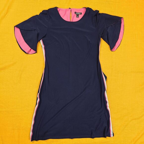 Women's Modest Dress Sz S W/Pockets Navy / Pink Colorblock Tulip Sleeve - Picture 2 of 10